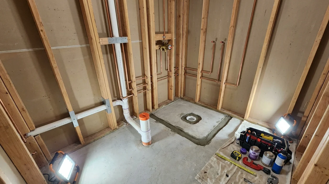Bathroom rough-in plumbing during remodel by Johns Plumbing LLC in Bangor