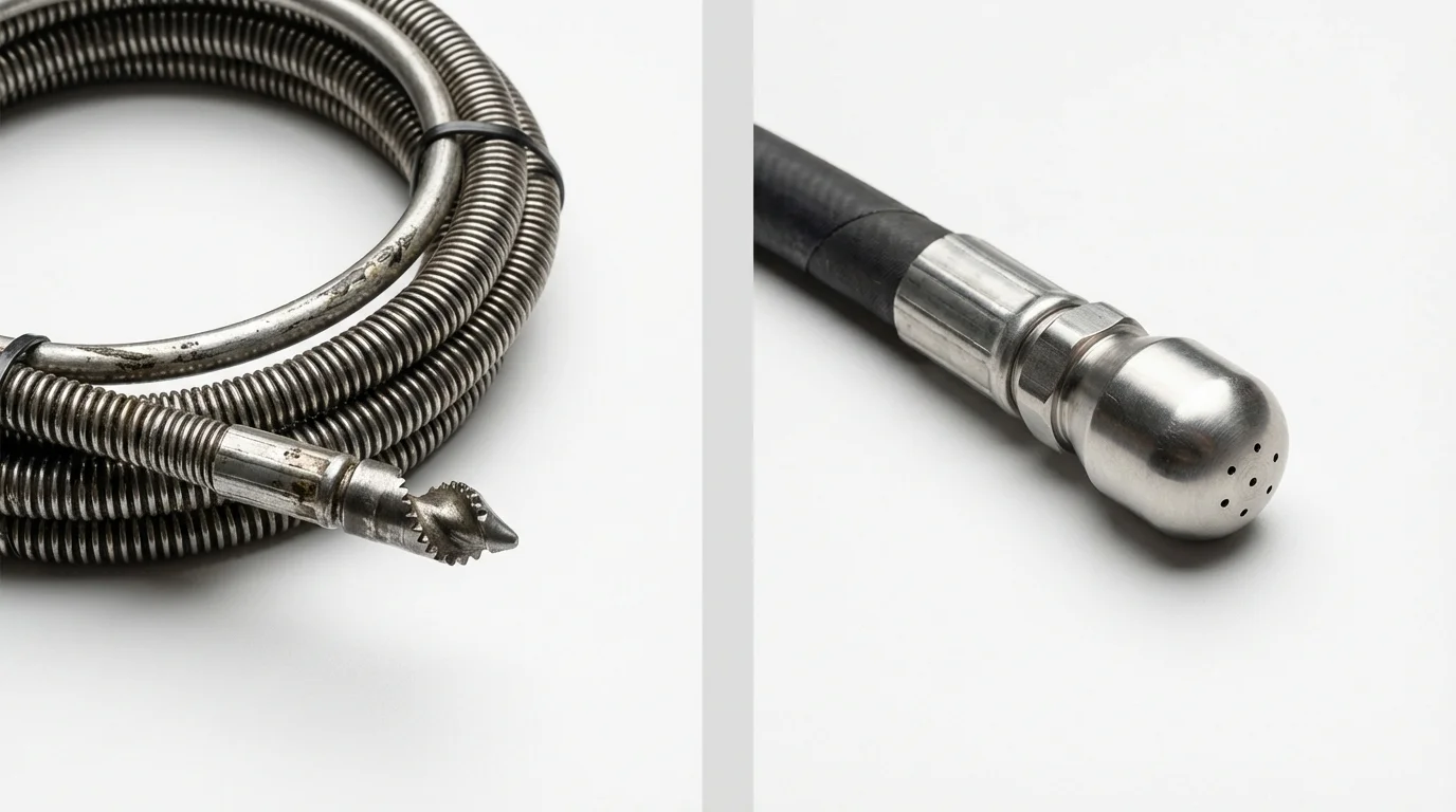Drain snake cable and hydro jetting nozzle used for drain cleaning in Bangor, WI