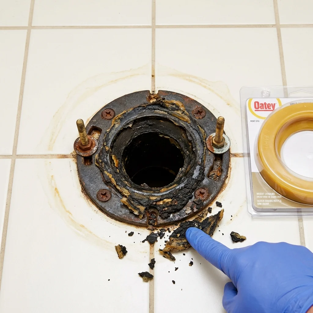 Failed wax ring showing water seepage at the base of a toilet in a Bangor, WI home