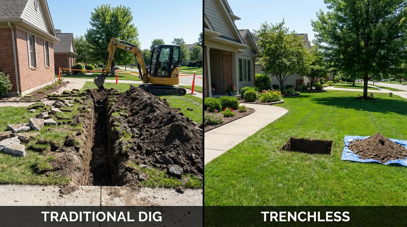 Trenchless sewer repair with minimal yard damage versus traditional excavation in Bangor, WI