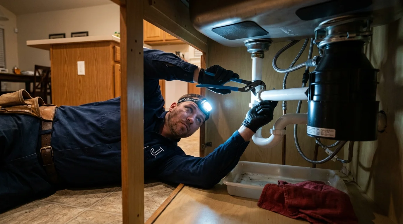 P-trap and supply line connections under a kitchen sink showing a common leak point in Bangor, WI